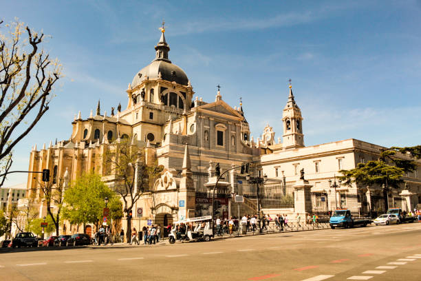 Facade of the Cathedral of Santa Maria a Real de Almudena and the Museum of the Almudena Cathedral, in the historic center of the city of Madrid