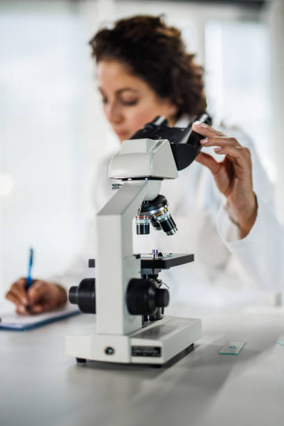 istock Lab tech writing her findings on a clipboard after looking through the microscope and analyzing samples 1503533929