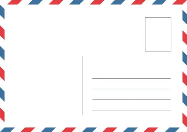 Vector illustration of Vintage airmail postcard back template with diagonal blue and red stripe. Travel post card blank backside. Air mail envelope frame with postage place. Vector illustration isolated on white background