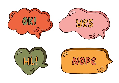 Trendy speech bubbles set with hand drawn talk phrases in different shapes. Online chat clouds with dialog words Oh, Yes, Hi, Yep. Oval, round, square, cloud, heart shaped bubbles. Colorful doodles.