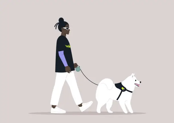 Vector illustration of A young stylish character walking with their cute samoyed dog