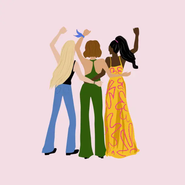 Vector illustration of A group of women are standing and raising their hands. unity concept.