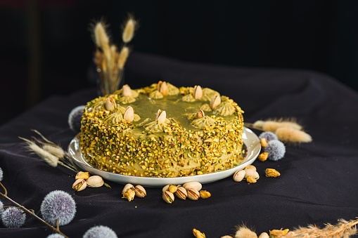 A close up of an uncut  pistachio cake on a ceramic tray, arranged in front of a black background with various autumn plants and pistachios. Focus on the cake.