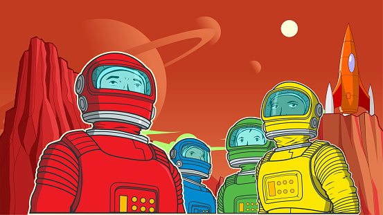 A cartoon style horizontal poster vector illustration of a team of astronauts on a red planet with outer space in the background. Wide space available for your copy.