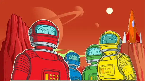 Vector illustration of Cartoon Astronaut Team on a Red Planet Poster Stock Illustration