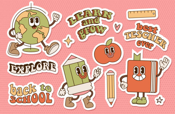 Back to school groovy stickers set in retro cartoon groovy 70s style. Psychedelic hippie masckot design. School and education doodles hand drawn elements. Contour flat vector illustration.