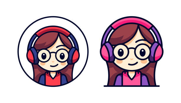 ilustrações de stock, clip art, desenhos animados e ícones de baby girl gamer in headphones for virtual game playing circle icon team logo set vector flat - baby icons audio