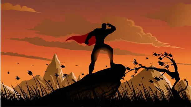 Vector illustration of Vector Superhero Looking at Far Away Silhouette in a Prairie Stock Illustration