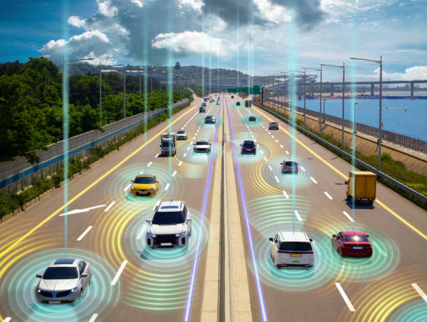istock Visualization of the interaction of self-driving autonomous car on the highway. Artificial intelligence of smart car scans road with sensors and control vehicles. 1503632148