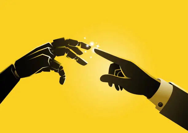 Vector illustration of Human and Robot Touching Hands Artificial Intelligence