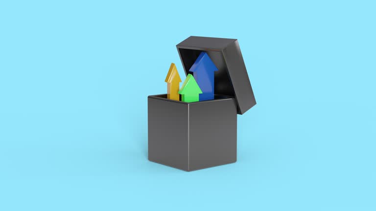 3d Animation an arrow rising from the box. Business growth up. Color arrow moving up. Concept new start up.