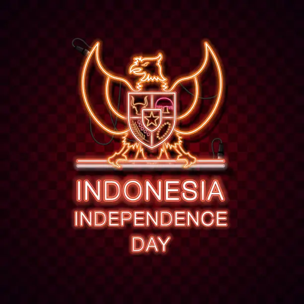 Vector illustration of Happy; independence day; Indonesia; August; 1945; kemerdekaan, Garuda, vector, background, neon, sign, light,