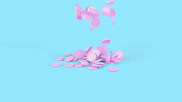 3d Animation Pink coin Money drop Falling on blue background.