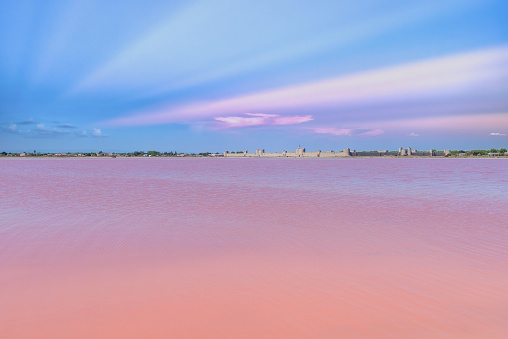 Aigues-Mortes, ancient city in France, Salins du Midi, panorama with pink lake