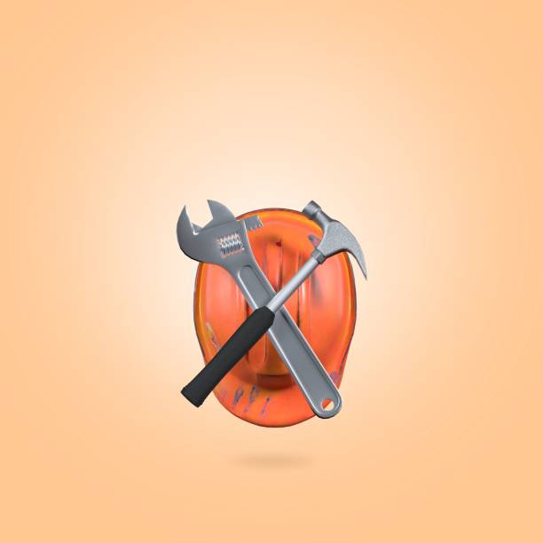 istock 3D rendering of an orange hard hat with a screwdriver and a hammer 1503700814