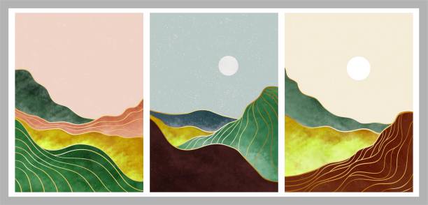 istock set of creative minimalist hand painted illustrations of Mid century modern. Natural abstract landscape background. mountain, forest, sea, sky, sun and river 1503706319