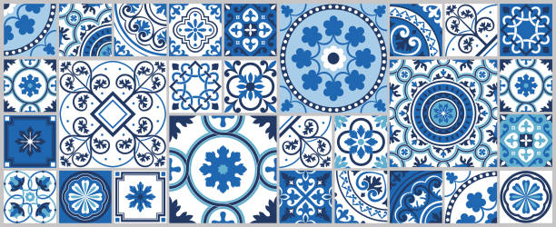 istock Tiling Mediterranean tile abstract geometric floral patterns. Traditional Portuguese culture, in blue and white. Editable vector illustration. 1503707229