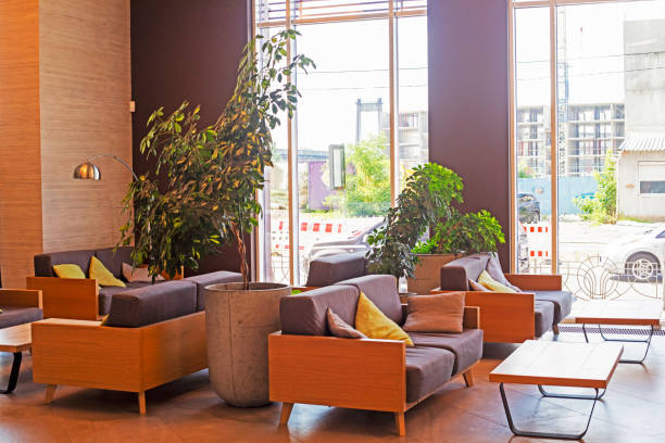 istock stylish modern office interior with green plants with panoramic windows. 1503708589