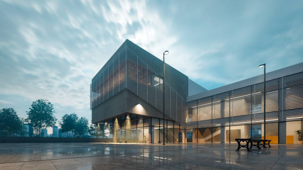 istock Night view of a modern two-story building on a cloudy day after rain, 3d rendering 1503710464
