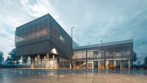 istock Night view of a modern two-story building on a cloudy day after rain, 3d rendering 1503710469