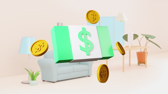 3d Animation money Dollar Sign Rotating Loop-able Animation on office background.