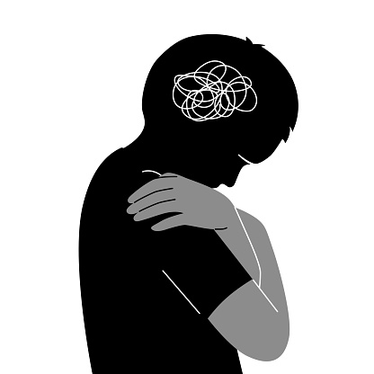 Silhouette of a boy hugging self with sad emotion. Kid mental health concept. flat vector illustration.