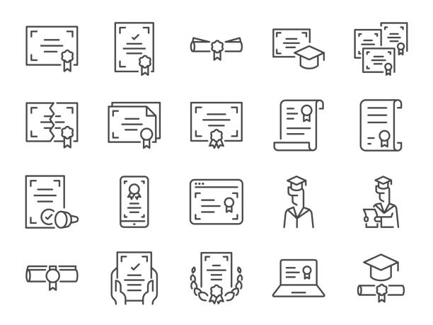stockillustraties, clipart, cartoons en iconen met certificate icon set. it included a diploma, certificated, authorization, verification, and more icons. editable vector stroke. - diploma
