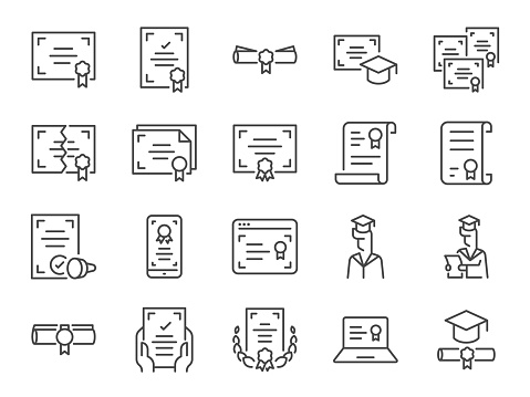 Certificate icon set. It included a diploma, certificated, authorization, verification, and more icons. Editable Vector Stroke.