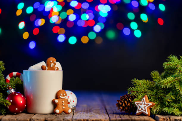 istock Hot chocolate with marshmallow, Christmas tree branch 1503720733