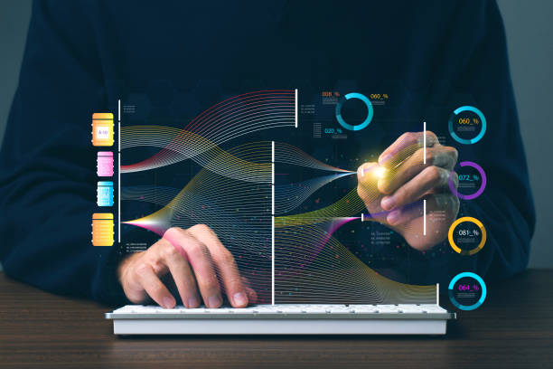 data scientists analyze and visualize massive data on virtual screens, using ai to process complex data. big data technology and data science.data flow.digital neural network.artificial intelligence - big data imagens e fotografias de stock