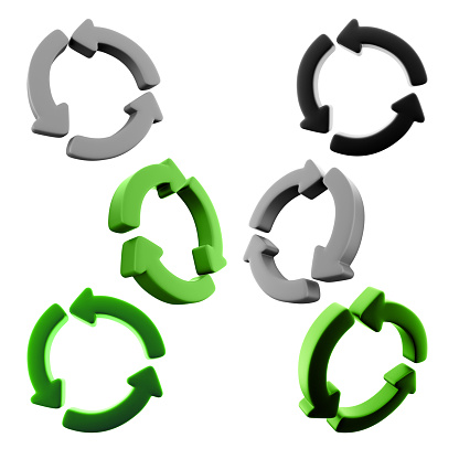 3d rendering Recycling icon set. 3d render tiangle made of green arrows different positionc icon set. Recycle.