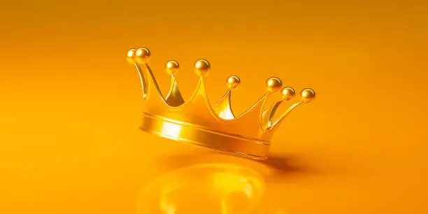 Shiny gold crown. King's Day. Awards ceremony, privileged status, superior position. champion or winner on bright orange background. 3d illustration