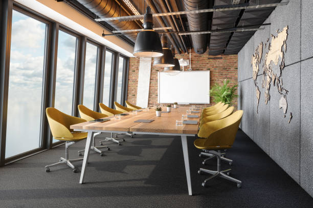 board room with conference table, yellow office chairs, blank screen and world map - board room business conference table window imagens e fotografias de stock