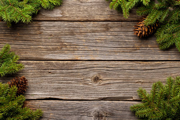 istock Christmas Fir tree branches and pine cones on wood 1503754134