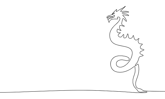 Continuous one line drawing of dragon symbol 2024 banner. Linear style. Doodle vector illustration