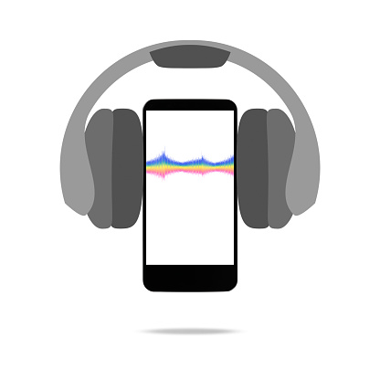 Close-up of smartphone in mid-air with headphones and multicolored sound equalizer wave line against white background.