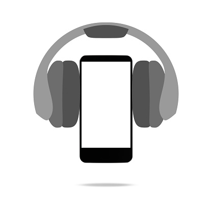 Close-up of blank screen smartphone with headphones in mid-air against white background.