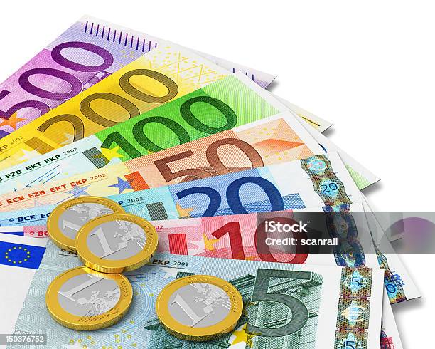 Set Of Euro Banknotes And Coins Stock Photo - Download Image Now - Euro Symbol, European Union Currency, Coin Bank