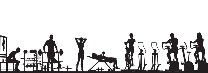 Editable vector foreground of a gym scene in silhouette with all elements as separate objects