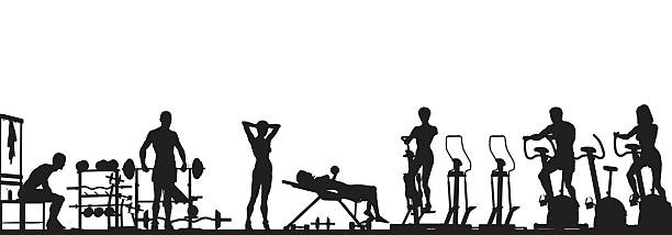 Gym foreground Editable vector foreground of a gym scene in silhouette with all elements as separate objects gym silhouettes stock illustrations