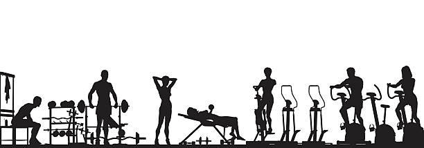 Gym foreground Editable vector foreground of a gym scene in silhouette with all elements as separate objects woman on exercise machine stock illustrations