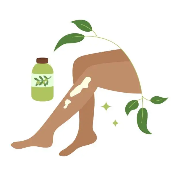 Vector illustration of Body care. Natural skincare product with olive extract. Self care procedure. Female legs and lotion, moisturizer, cream. Organic cosmetics concept. Flat vector illustration