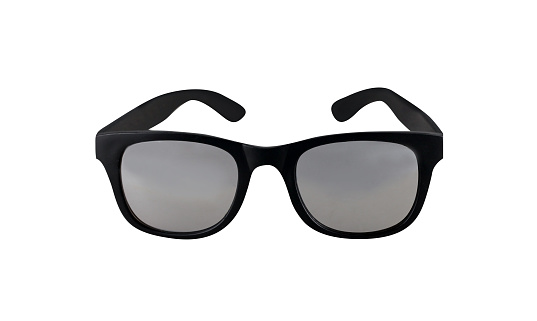 Sunglasses with black plastic frame and mirror glass, white background, cut out, clipping path