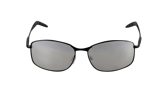 Sunglasses with black sporty metallic frame and mirror glass, white background, cut out, clipping path