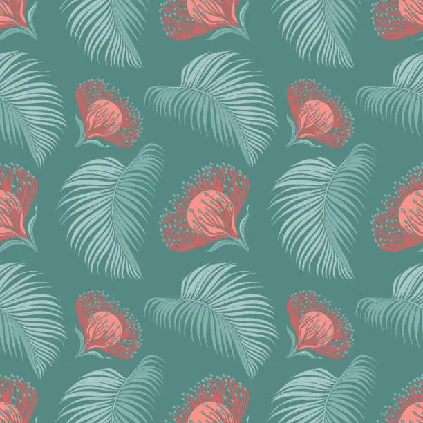 Vector illustration of Hand drawn Leucospermum tropical flower seamless pattern. Green palm leaves and red buds.