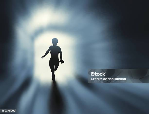 Silhouette Of A Person Running In A Tunnel Stock Illustration - Download Image Now - Escaping, Women, One Woman Only