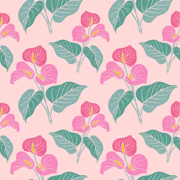 Vector illustration of Anthurium tropical flowers seamless pattern. Hand drawn textured lino cut style floral illustrations backdrop.