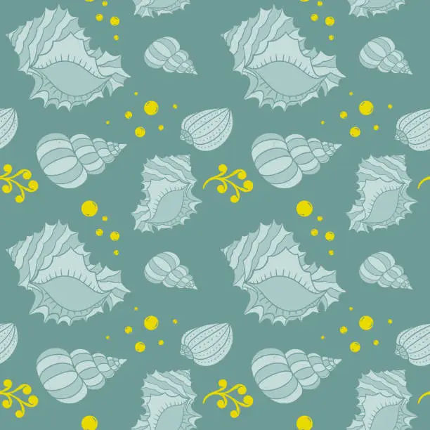 Vector illustration of Hand drawn shells seamless pattern. Textured lino cut style summer illustrations backdrop. Playful cute pastel colors wallpaper.