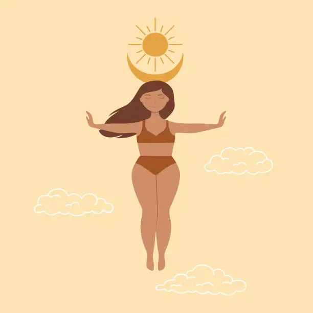 Vector illustration of Young woman with closed eyes flying in the air