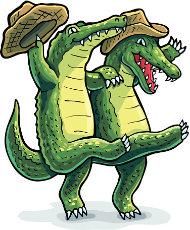 Illustration of two dancing Alligators wearing Cowboy hats.